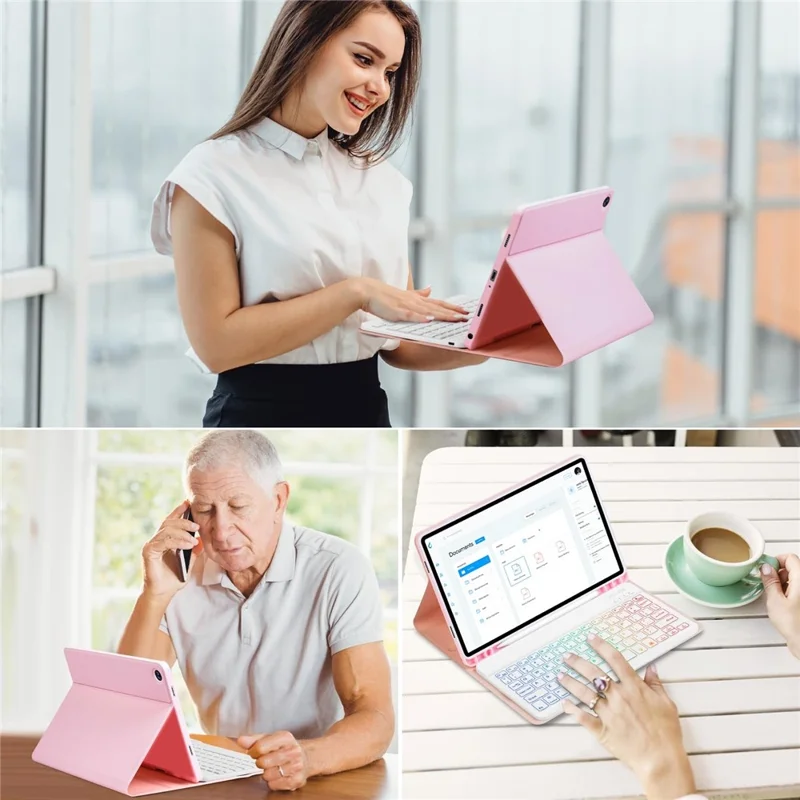 SK-A9+RGB For Samsung Galaxy Tab A9+ SM-X210 / X216 / X218 Leather Tablet Case with Detachable RGB Backlit Keyboard - Pink