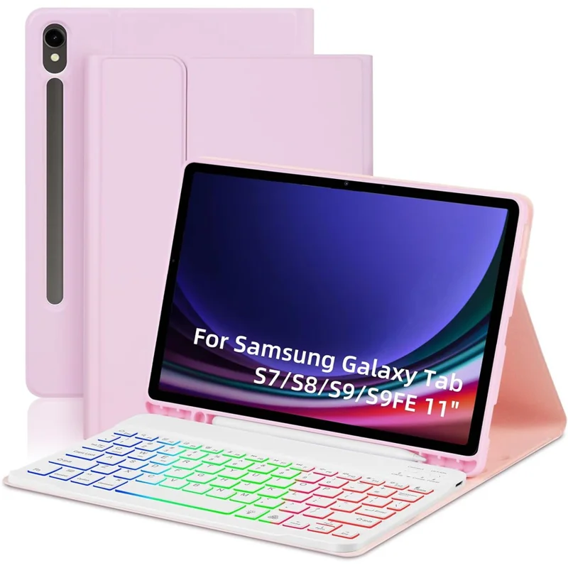 SD-X710 لجهاز Samsung Galaxy Tab S7 / S8 / S9 / S10 FE / S9 FE حقيبة لوحة مفاتيح بلوتوث مزودة بإضاءة خلفية من مادة PU مقاس 11 بوصة - وردي