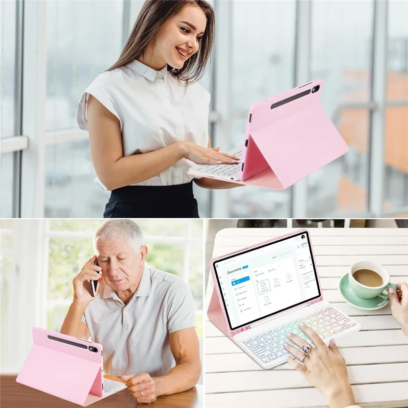 SD-X710 لجهاز Samsung Galaxy Tab S7 / S8 / S9 / S10 FE / S9 FE حقيبة لوحة مفاتيح بلوتوث مزودة بإضاءة خلفية من مادة PU مقاس 11 بوصة - وردي