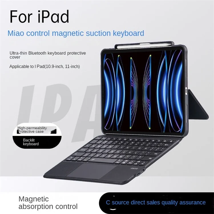 5206D-3B For iPad Air 11 (2025) / (2024) / Air (2020) (2022) / Pro 11 (2018) / (2020) / (2021) / (2022) Bluetooth-Compatible Keyboard Case - Black