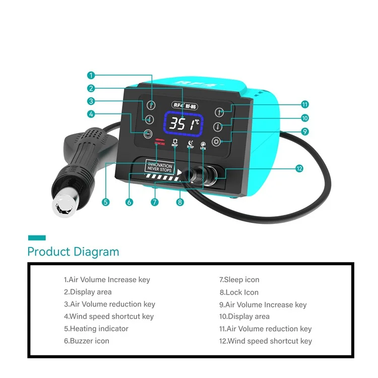 RF4 RF-H6 600W Hot Air Rework Station 220V Digital Display Heat Gun for Electronics Repairing, EU Plug