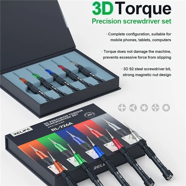 RELIFE RL-726A 3D Drehmoment-Schraubendrehersatz Extra Hartes S2-Stahl-Bit Elektronisches Demontage-Werkzeug