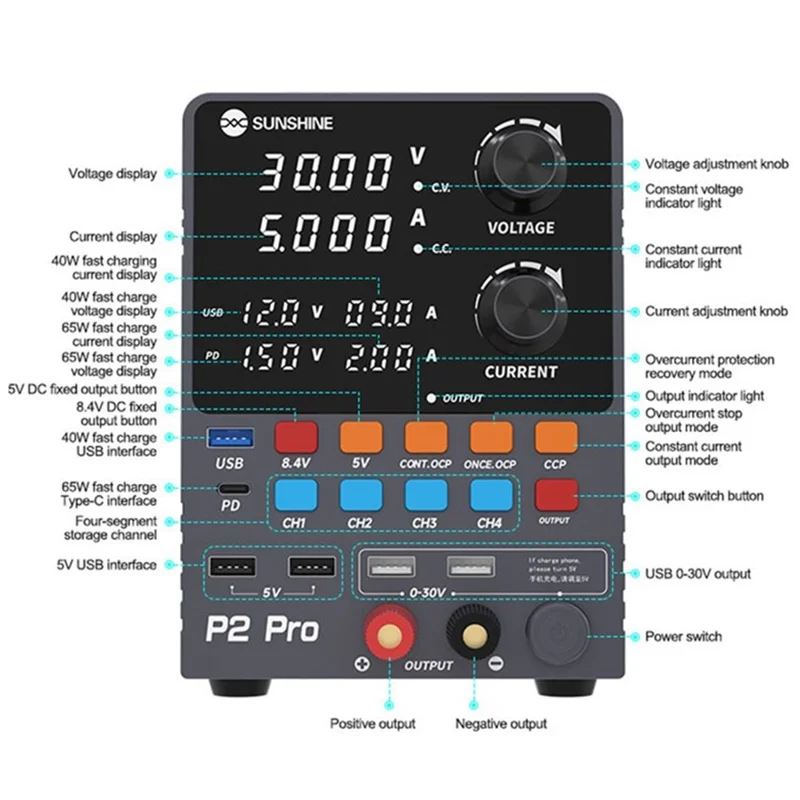 SUNSHINE P2 Pro Intelligent Regulated Power Supply Phone Repair Stabilized Power Meter - US Plug