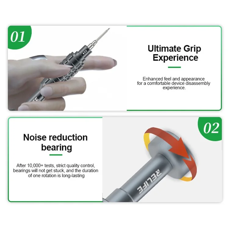 Ensemble de tournevis RELIFE RL-730A 5-en-1 avec embouts en acier S2 extra durs, magnétiques et à succion forte, outils de réparation.