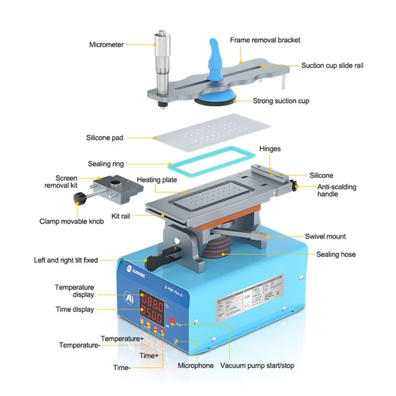 SUNSHINE S-918F Plus 5 in 1 Curved Screen Separator AI Intelligent Voice Screen Repair Tool - Black / EU Plug
