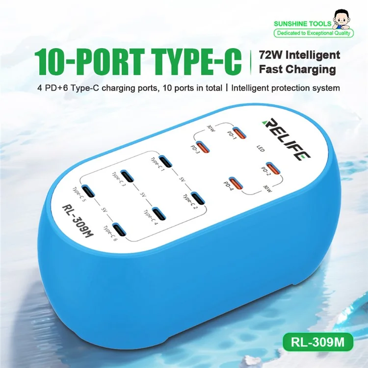 RELIFE RL-309M 10-Port Type-C Charging Station Smart Charger 72W High Power for Multi-Device - EU Plug