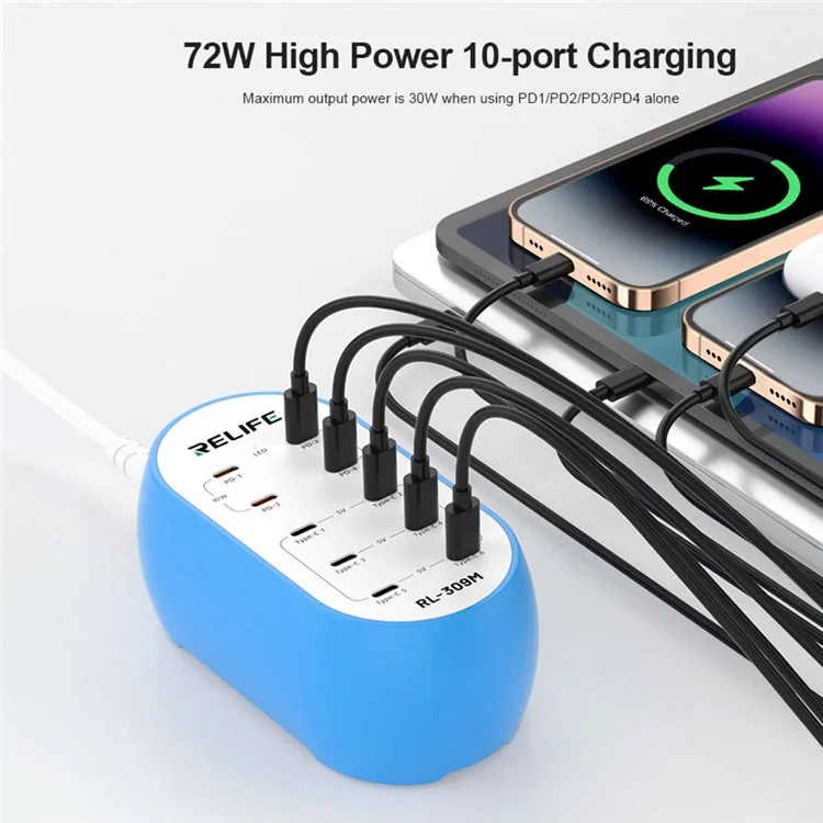 RELIFE RL-309M 10-Port Type-C Charging Station Smart Charger 72W High Power for Multi-Device - EU Plug