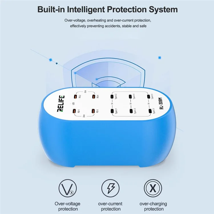 RELIFE RL-309M 10-Port Type-C Charging Station Smart Charger 72W High Power for Multi-Device - EU Plug