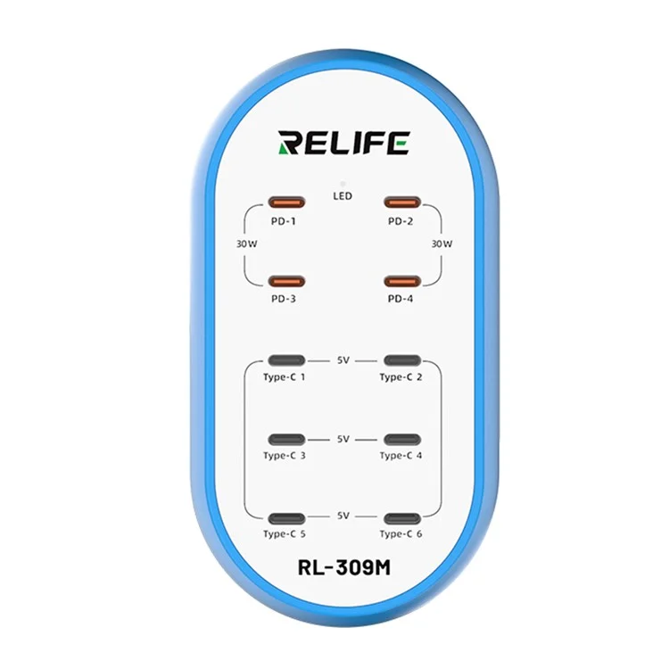 RELIFE RL-309M 10-Port Type-C Charging Station Smart Charger 72W High Power for Multi-Device - US Plug