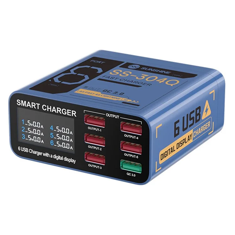 SUNSHINE SS-304Q 6-Port USB-Ladegerät mit Smart-Digitalanzeige Schnelllade-Desktop-Ladestation - Blau / US-Stecker