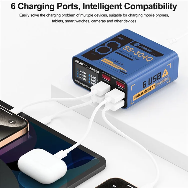 SUNSHINE SS-304Q 6-Port USB-Ladegerät mit Smart-Digitalanzeige Schnelllade-Desktop-Ladestation - Blau / US-Stecker
