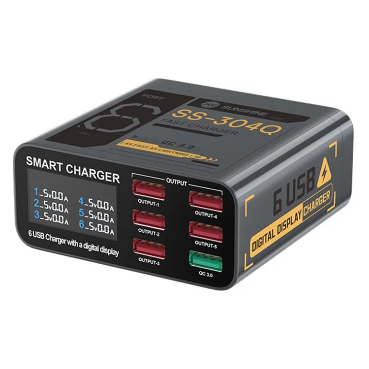 SUNSHINE SS-304Q 6-Port USB Charger Smart Digital Display Fast Charging Desktop Charging Station - Black  /  EU Plug