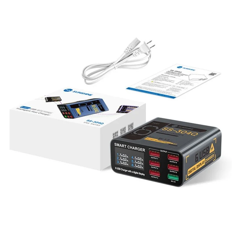 SUNSHINE SS-304Q 6-Port USB Charger Smart Digital Display Fast Charging Desktop Charging Station - Black  /  EU Plug