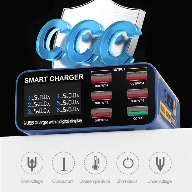 Estación de carga de escritorio SUNSHINE SS-304Q con 6 puertos USB, pantalla digital inteligente y carga rápida - Negro / Enchufe del Reino Unido