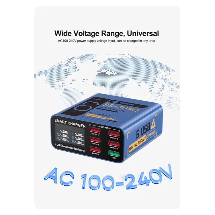 Estación de carga de escritorio SUNSHINE SS-304Q con 6 puertos USB, pantalla digital inteligente y carga rápida - Negro / Enchufe del Reino Unido
