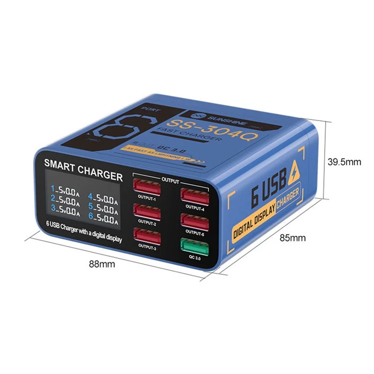 Estación de carga de escritorio SUNSHINE SS-304Q con 6 puertos USB, pantalla digital inteligente y carga rápida - Negro / Enchufe del Reino Unido