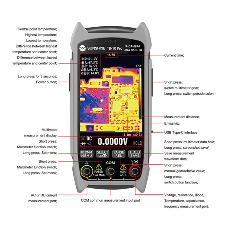 SUNSHINE TB-10 Pro Multimètre Imageur Thermique Portable avec Imagerie Infrarouge pour Réparation de Téléphone / Test de PCB