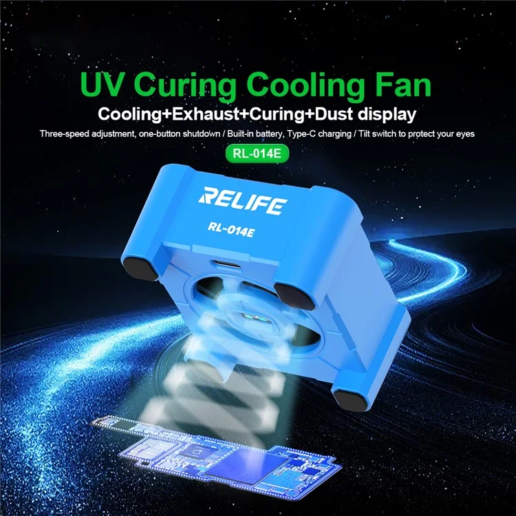 RELIFE RL-014E UV Curing Cooling Fan Smoke Exhaust Dust Display Mini Working Fan with 3-Speed Adjustment