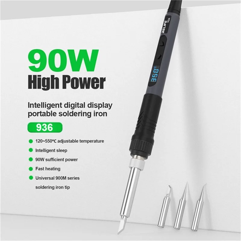 RELIFE 936 Digital Display Soldering Iron 90W High Power Fast Heating for Electronic Repair, K Type Tip - CN Standard Plug