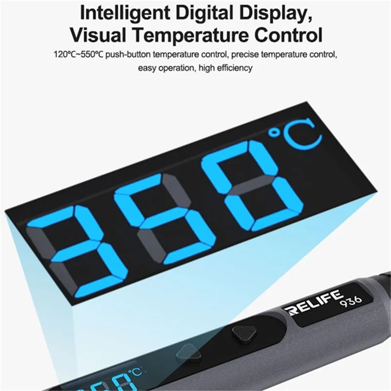 RELIFE 936 Digital Display Soldering Iron 90W High Power Fast Heating for Electronic Repair, K Type Tip - CN Standard Plug