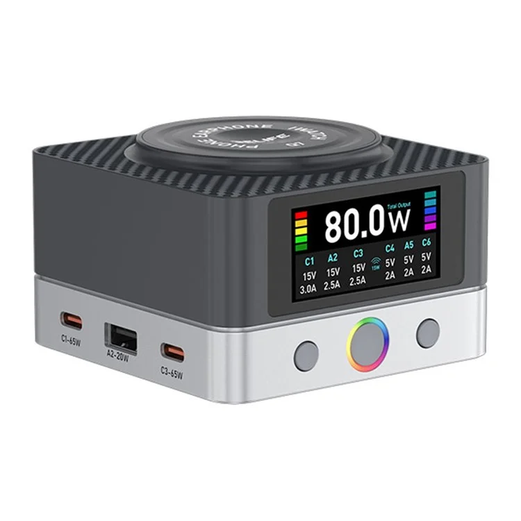 RELIFE Q7 Chargeur Intelligent 6 Ports 80W avec Écran LCD pour Répartition de Puissance - Prise EU
