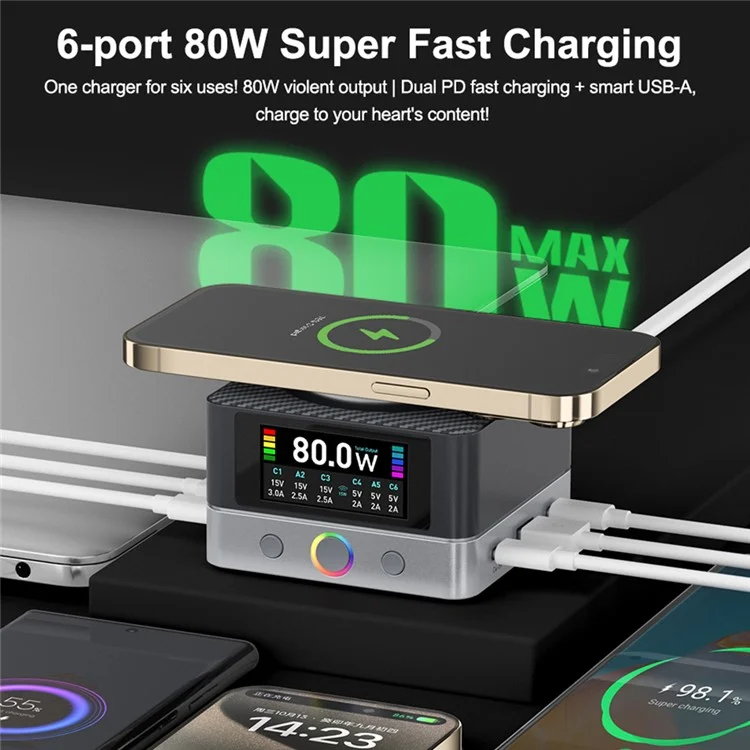 RELIFE Q7 Chargeur Intelligent 6 Ports 80W avec Écran LCD pour Répartition de Puissance - Prise EU