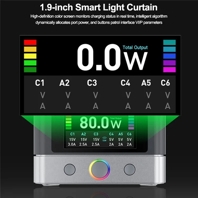 RELIFE Q7 Chargeur Intelligent 6 Ports 80W avec Écran LCD pour Répartition de Puissance - Prise EU