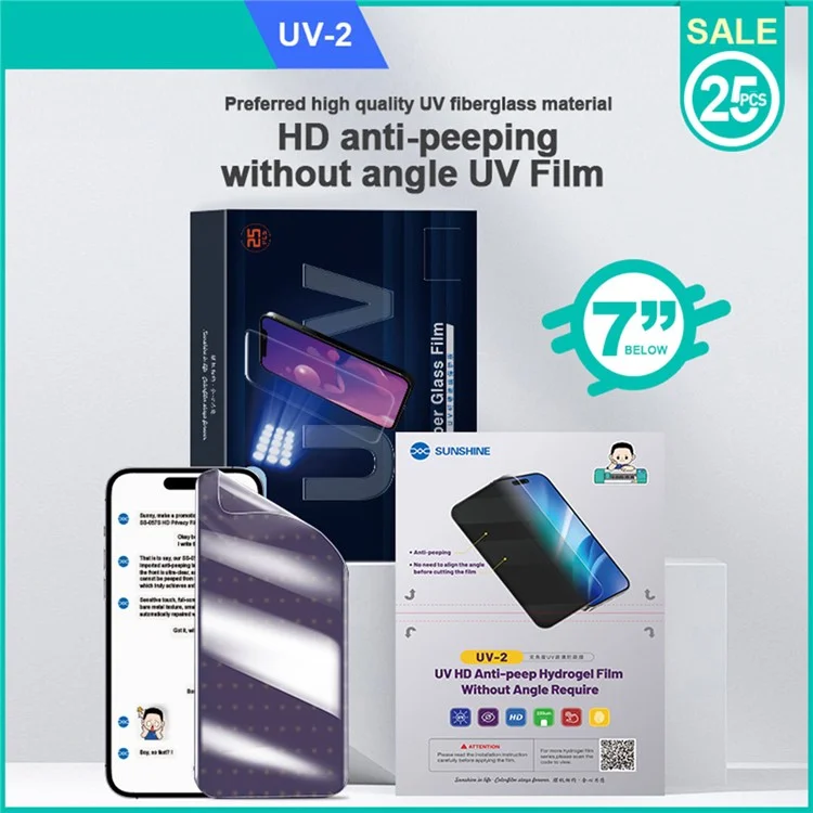 SUNSHINE 25PCS UV-2 Screen Protector No Angle Privacy PET Film for Phones Watches AirPods Cameras