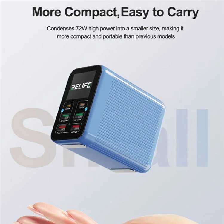 RELIFE Q4 Smart 6-Port Fast Charger 72W Dual PD  /  Dual QC TFT HD Color Screen Smart Sleep Mode For Home  /  Office Use - Blue  /  EU Plug