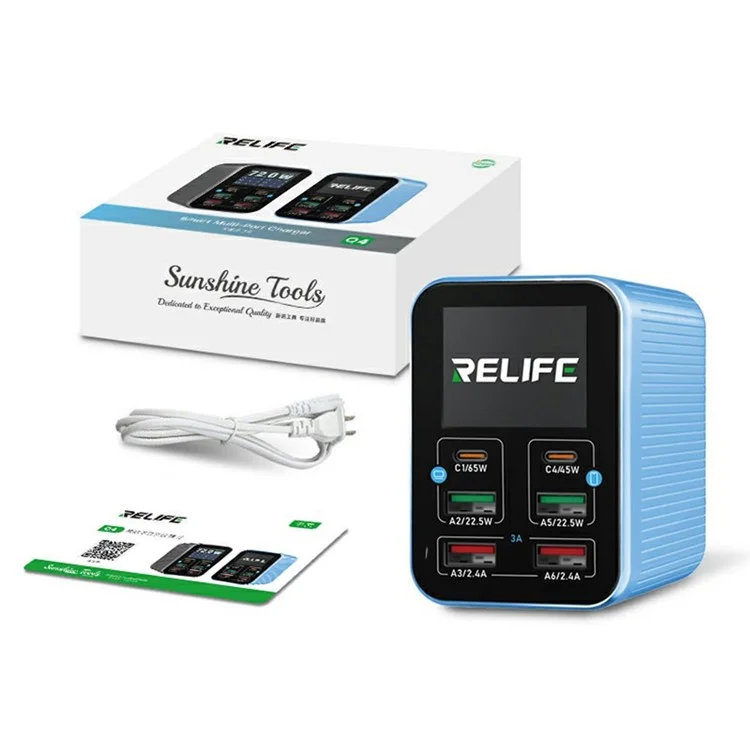 RELIFE Q4 Smart 6-Port Fast Charger 72W Dual PD  /  Dual QC TFT HD Color Screen Smart Sleep Mode For Home  /  Office Use - Blue  /  EU Plug