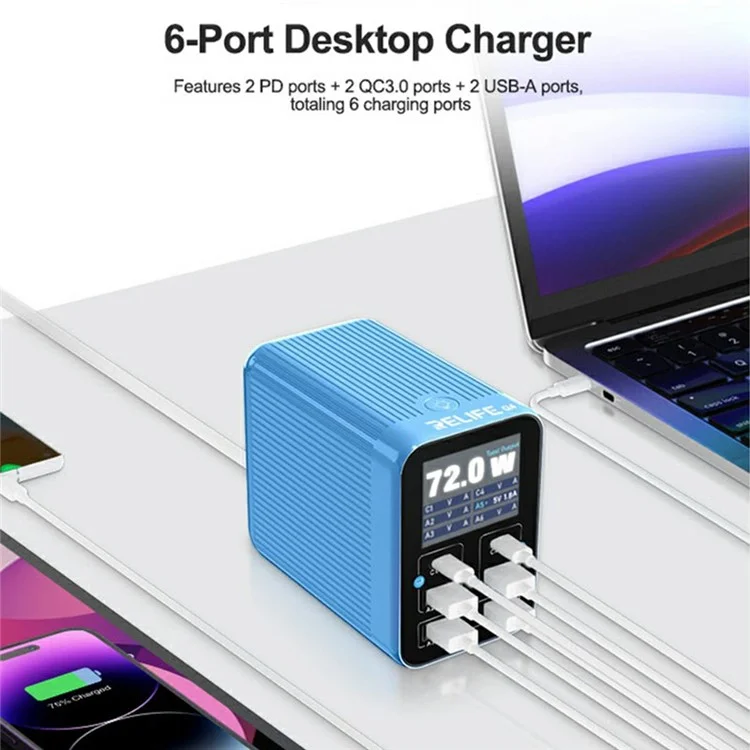 RELIFE Q4 Smart 6-Port Fast Charger 72W Dual PD  /  Dual QC TFT HD Color Screen Smart Sleep Mode For Home  /  Office Use - Grey  /  US Plug