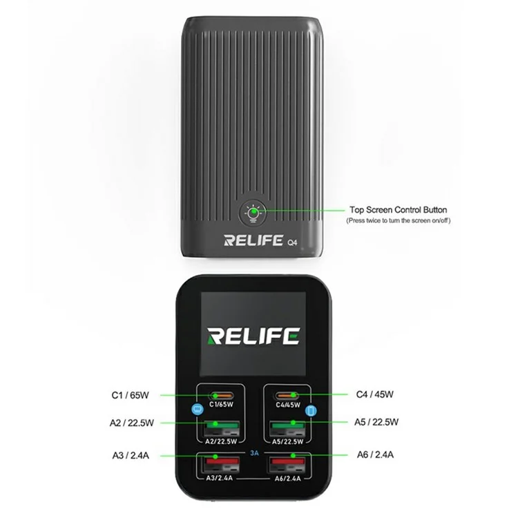 RELIFE Q4 Smart 6-Port Fast Charger 72W Dual PD  /  Dual QC TFT HD Color Screen Smart Sleep Mode For Home  /  Office Use - Grey  /  US Plug