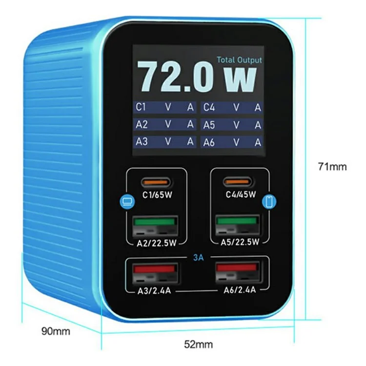 RELIFE Q4 Smart 6-Port Fast Charger 72W Dual PD  /  Dual QC TFT HD Color Screen Smart Sleep Mode For Home  /  Office Use - Grey  /  US Plug