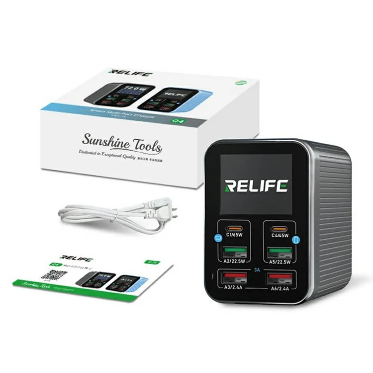 RELIFE Q4 Smart 6-Port Fast Charger 72W Dual PD  /  Dual QC TFT HD Color Screen Smart Sleep Mode For Home  /  Office Use - Grey  /  US Plug