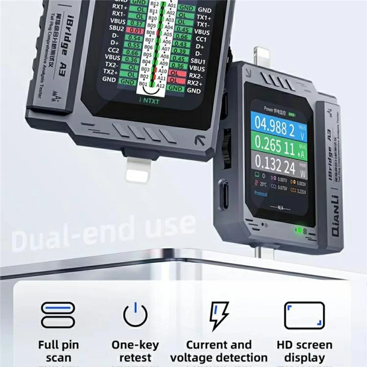 QIANLI iBridge A3 pour iP / Type-C Testeur d'analyse complète du port de charge avec scanner automatique et écran HD