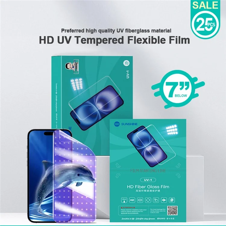SUNSHINE UV-1 25Pcs HD Fiberglass Protective Film with Lamp Box UV Screen Protector Super Toughened Explosion Proof