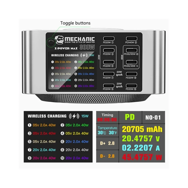 MECHANIC X-Power Max 300W Multi-Port Digital Display USB Charging Station Fast Charger for Laptops / Phones / Tablets - EU Plug