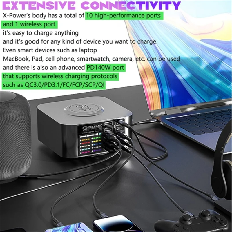 MECHANIC X-Power Max 300W Multi-Port Digital Display USB Charging Station Fast Charger for Laptops / Phones / Tablets - US Plug