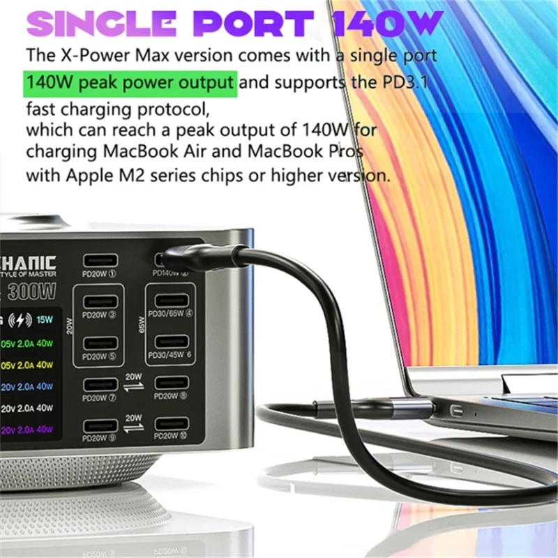 MECHANIC X-Power Max 300W Multi-Port Digital Display USB Charging Station Fast Charger for Laptops / Phones / Tablets - US Plug