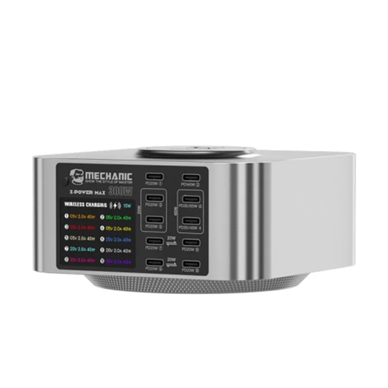 MECHANIC X-Power 150W Stazione di Ricarica USB con Caricatore Wireless 10 Porte, Display Digitale, Dispositivo di Alimentazione - Spina UK