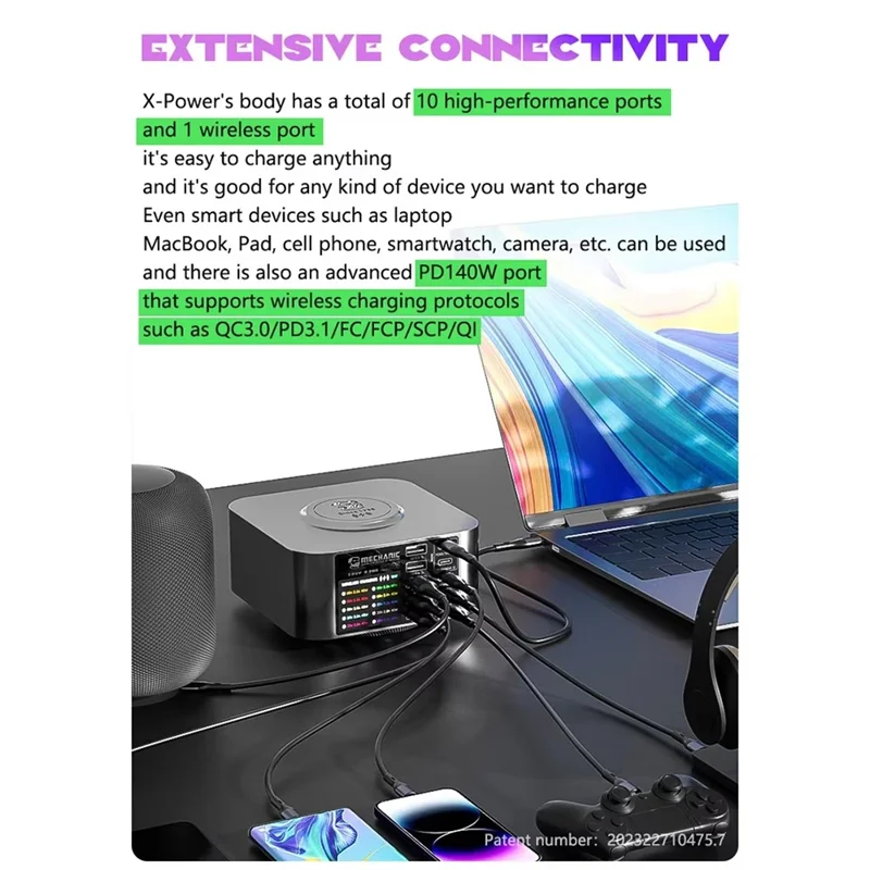 MECHANIC X-Power 150W Stazione di Ricarica USB con Caricatore Wireless 10 Porte, Display Digitale, Dispositivo di Alimentazione - Spina UK