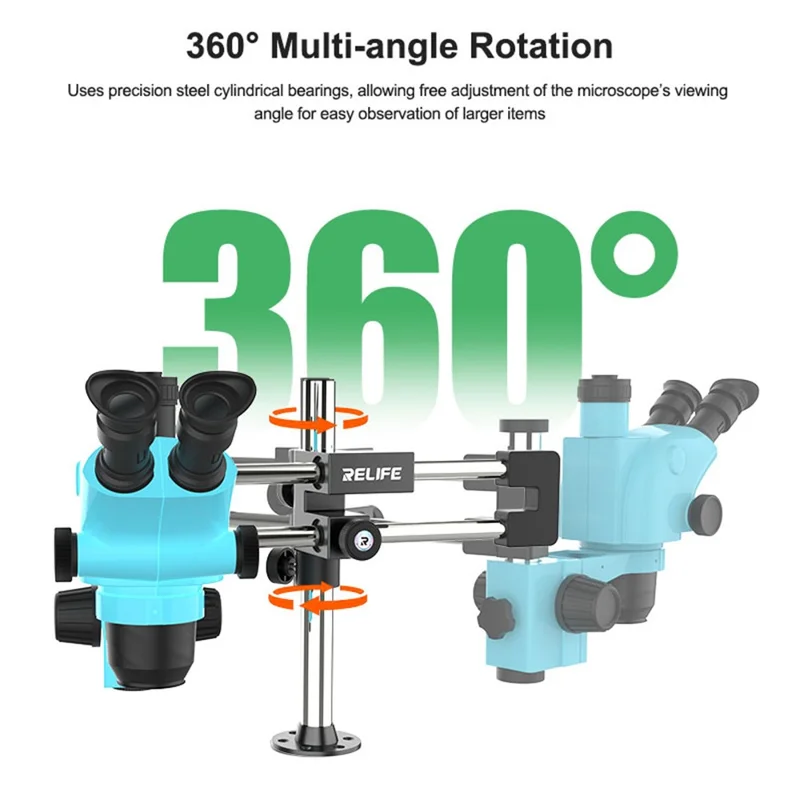 RELIFE MS2 Pro Supporto per Microscopio con Doppio Cuscinetto e Doppia Asta, Rotazione 360° / Regolazione Multi-Angolo per Uso Desktop