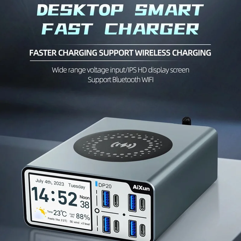 AIXUN DP20 Smart Desktop Быстрое зарядное устройство с несколькими портами, поддерживающее беспроводную зарядку - Евро-вилка