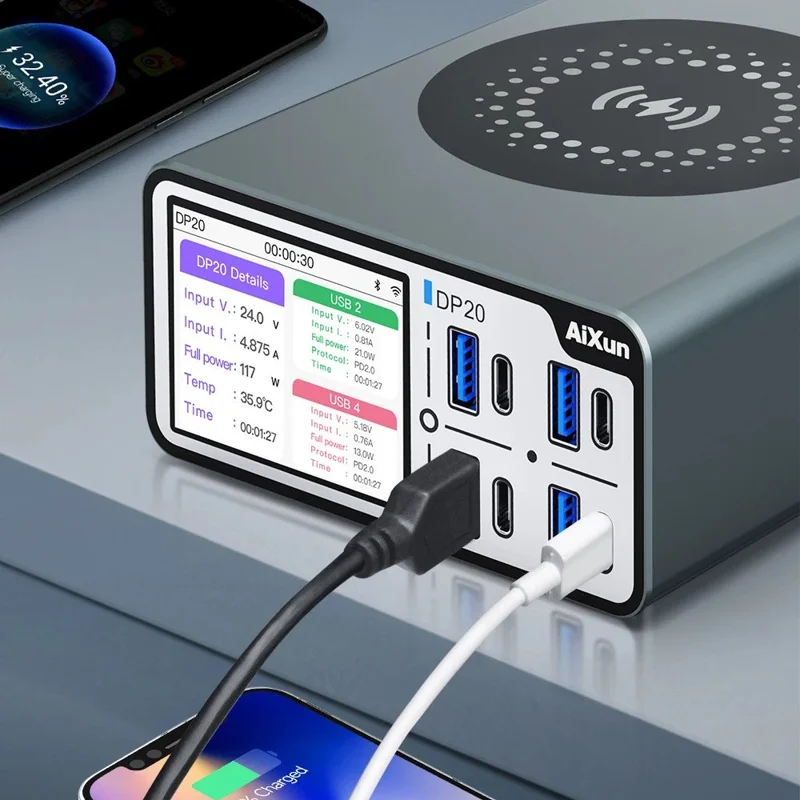 AIXUN DP20 Smart Desktop Быстрое зарядное устройство с несколькими портами, поддерживающее беспроводную зарядку - Евро-вилка