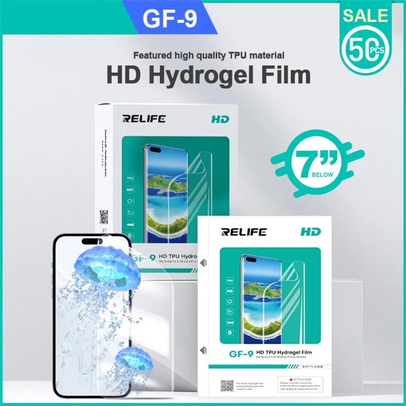 RELIFE GF-9 50Pcs HD TPU Hydrogel Film for Phones Under 7 Inches Screen Protector Full Coverage Sensitive Touch (No Code)