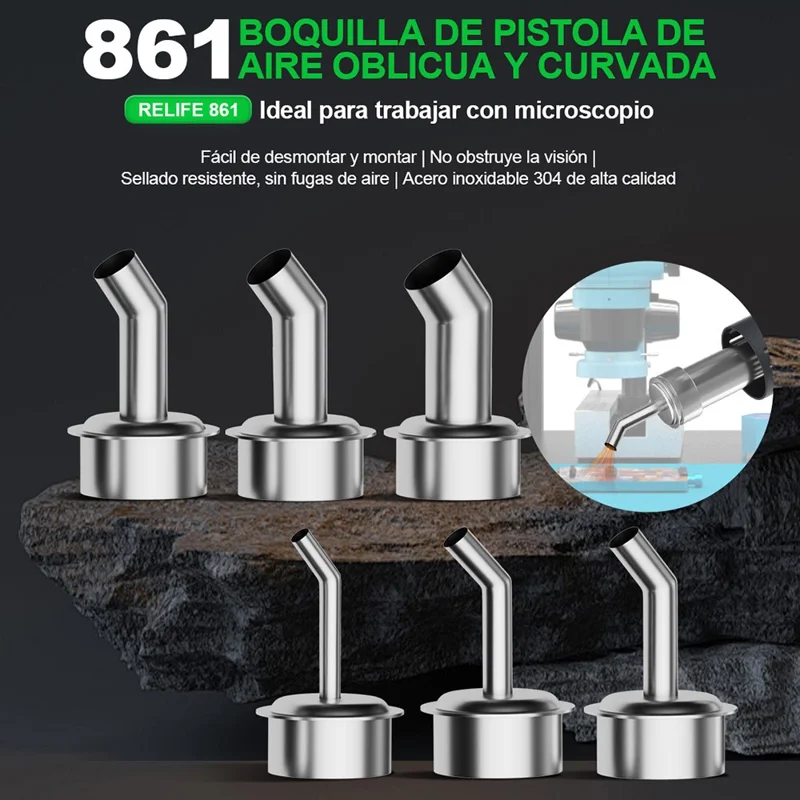 RELIFE 861 Series Curved Nozzle 45 Degree Oblique Stainless Steel Hot Air Rework Station Nozzles - 4mm