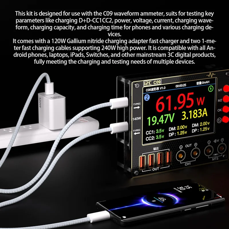 Ensemble d'adaptateur de chargeur I2C C09 240W avec 2 câbles, chargeur mural de charge rapide GaN 120W pour téléphones / ordinateurs portables / tablettes