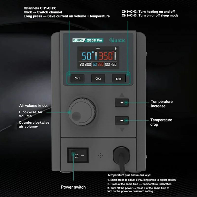 QUICK 2008 Pro Hot Air Gun Desoldering Rework Station Temperature Control LCD Display Desoldering Station - EU Plug