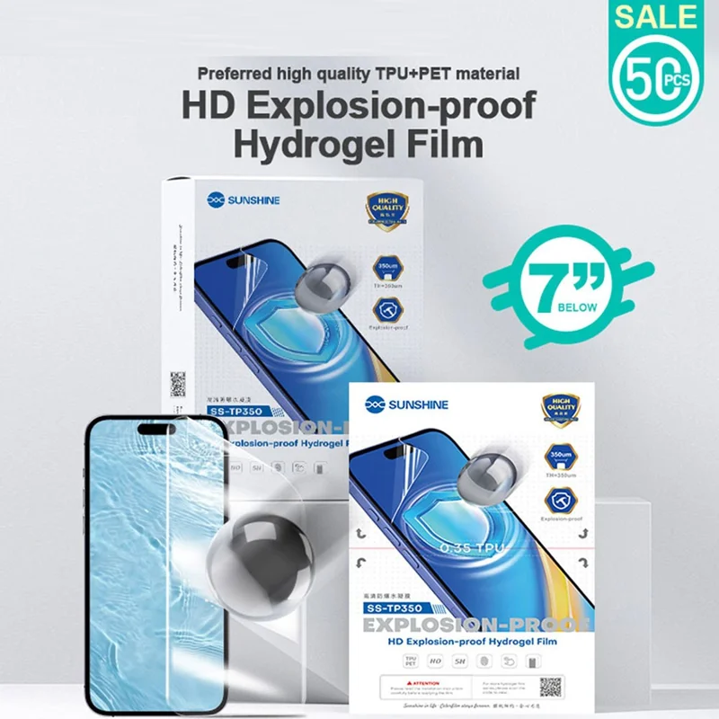 SUNSHINE SS-TP350 50 قطعة من فيلم الهيدروجيل عالي الوضوح، واقي شاشة شفاف فائق ومقاوم للانفجار ومقاوم للخدوش