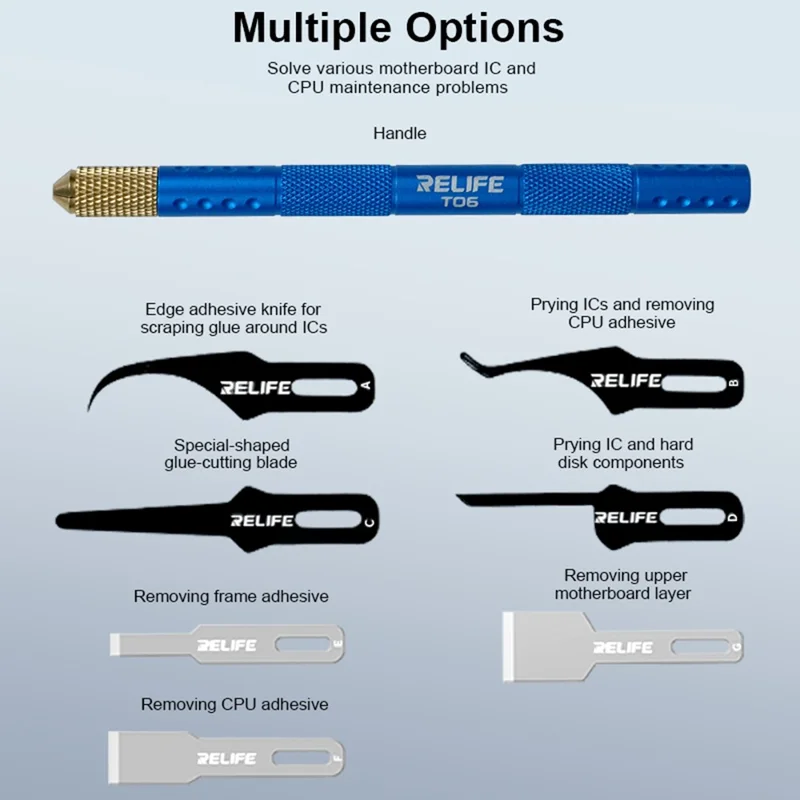 RELIFE TK5 8 in 1 Blade Set Multifunctional Tool for Mobile Motherboard IC / CPU Repair Glue Removal and Precision Prying
